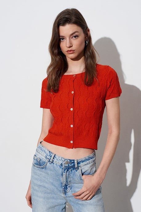 Dames Cropped Jacquard Knopen Cardigan - Image 3