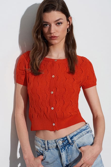 Dames Cropped Jacquard Knopen Cardigan - Image 4
