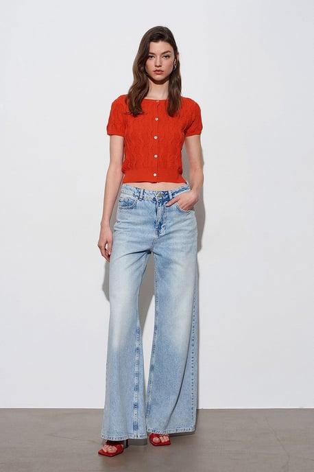 Dames Cropped Jacquard Knopen Cardigan - Image 5