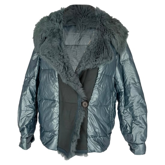 Prada Down Jacket with Faux Fur Hood in Light Blue Nylon - Image 1