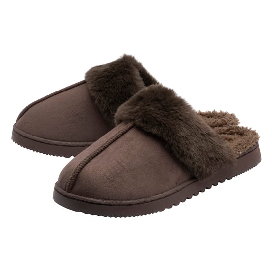 Ladies Faux Fur Trim Mule Slippers Brown Pink Tan Warm UK 3-8 - Image 1