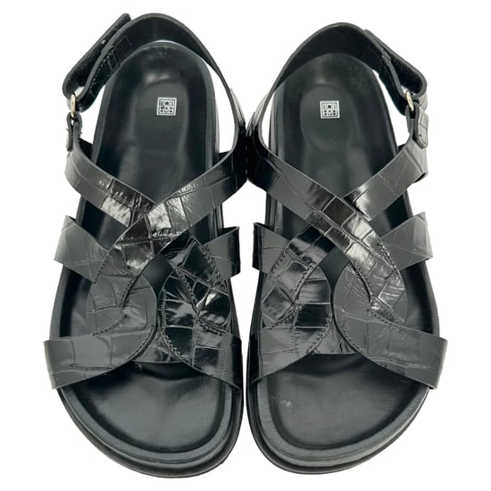 Toteme Croc-Effect Leather Slingback Sandals in Black Leather - Image 3