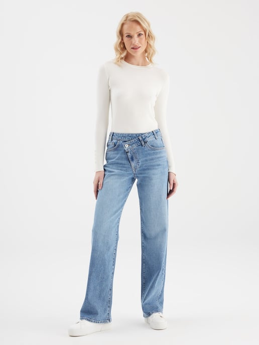 Cora jeans met middelhoge taille en lange pijpen, 5 zakken, mediumblauw - Image 1