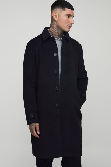 Tall Plain Regular Fit Collared Overcoat In Black - Image 1