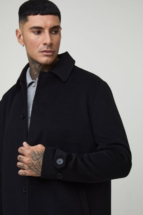 Tall Plain Regular Fit Collared Overcoat In Black - Image 3