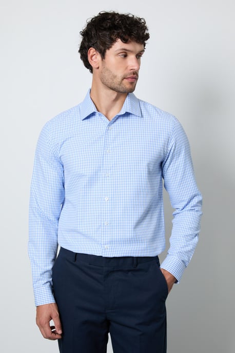 Light Blue Gingham Check Slim Fit Long Sleeve Shirt - Image 1