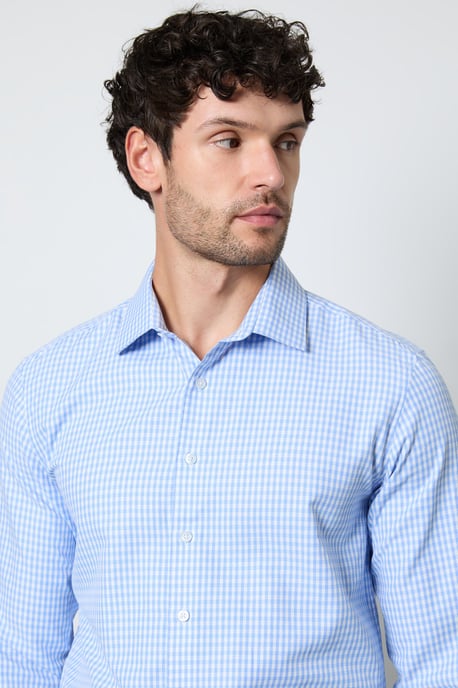 Light Blue Gingham Check Slim Fit Long Sleeve Shirt - Image 2