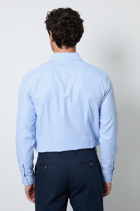 Light Blue Gingham Check Slim Fit Long Sleeve Shirt - Image 3