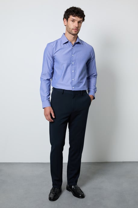 Blue Textured Slim Fit Long Sleeve Shirt - Image 4