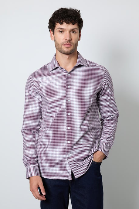 Burgundy Gingham Check Slim Fit Long Sleeve Shirt - Image 1