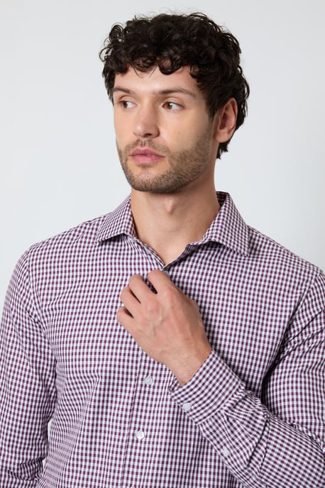 Burgundy Gingham Check Slim Fit Long Sleeve Shirt - Image 2