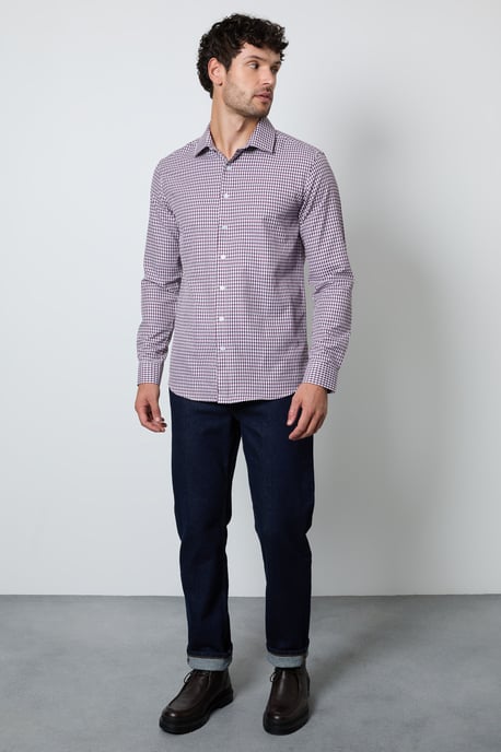 Burgundy Gingham Check Slim Fit Long Sleeve Shirt - Image 4