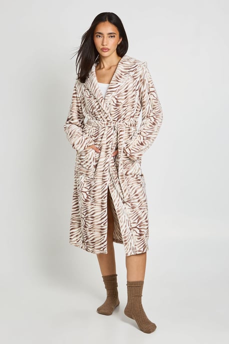 Zebra Print Fleece Hooded Long Dressing Gown - Image 1