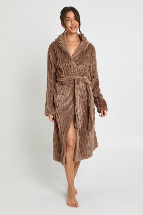 Ribbed Fleece Hooded Long Dressing Gown - Image 1