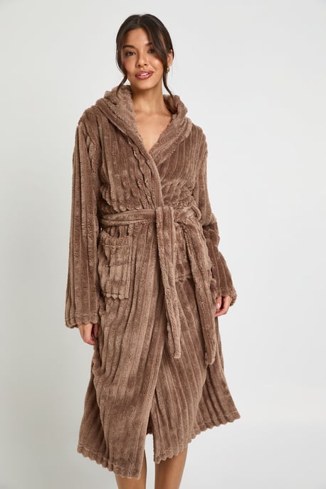 Ribbed Fleece Hooded Long Dressing Gown - Image 3