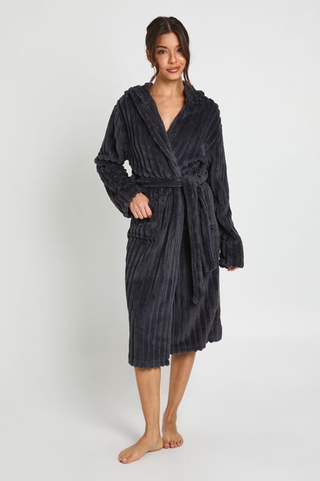 Ribbed Fleece Hooded Long Dressing Gown - Image 1