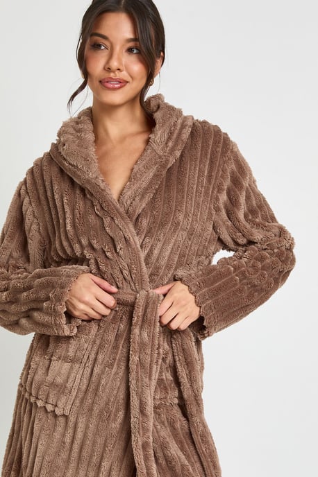 Ribbed Fleece Hooded Long Dressing Gown - Image 4