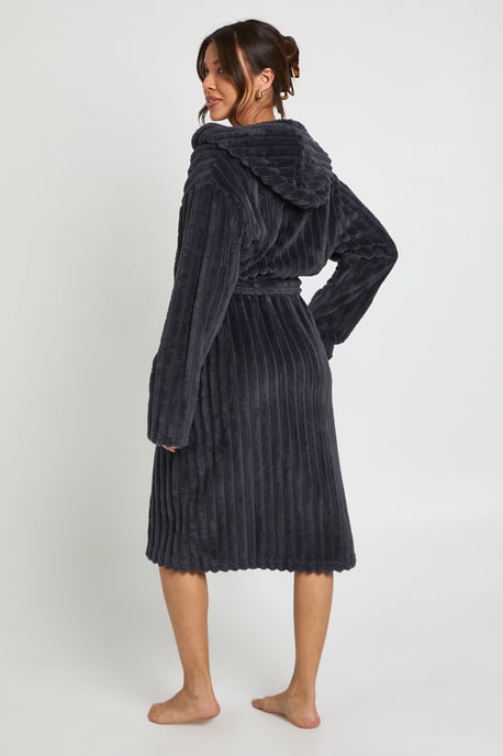 Ribbed Fleece Hooded Long Dressing Gown - Image 2