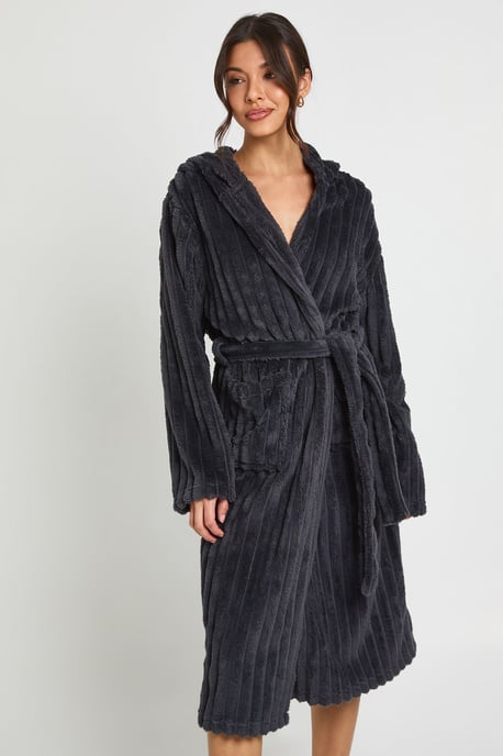 Ribbed Fleece Hooded Long Dressing Gown - Image 3