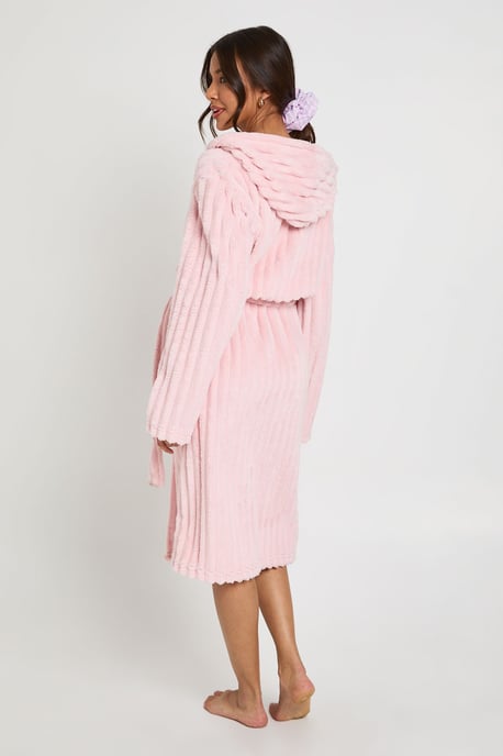 Ribbed Fleece Hooded Long Dressing Gown - Image 2