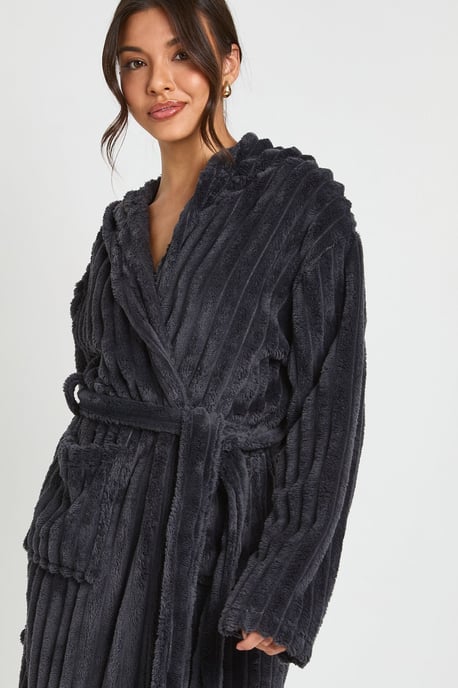 Ribbed Fleece Hooded Long Dressing Gown - Image 4