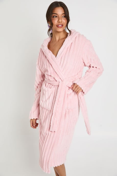 Ribbed Fleece Hooded Long Dressing Gown - Image 3