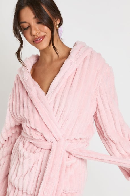 Ribbed Fleece Hooded Long Dressing Gown - Image 4