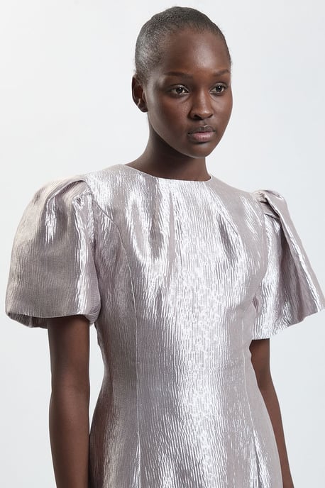 Puff Sleeve Metallic Textured Midi Dress - Image 2