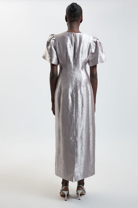 Puff Sleeve Metallic Textured Midi Dress - Image 3