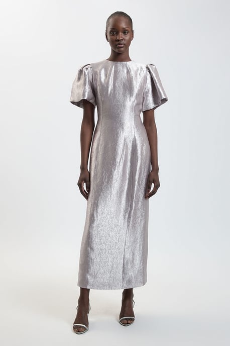 Puff Sleeve Metallic Textured Midi Dress - Image 4