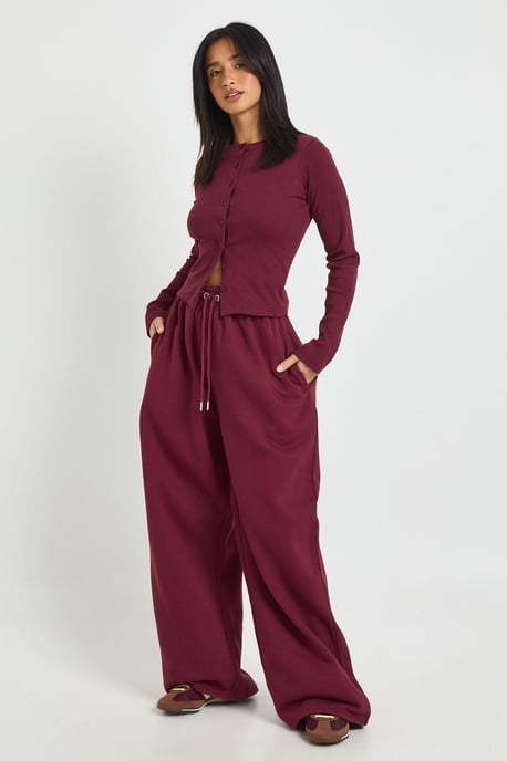 Petite Rib Button Through Long Sleeve Top Tracksuit - Image 1