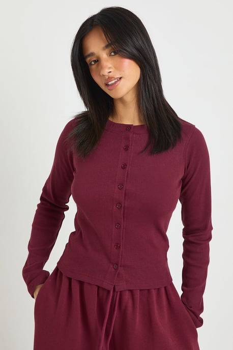 Petite Rib Button Through Long Sleeve Top Tracksuit - Image 3