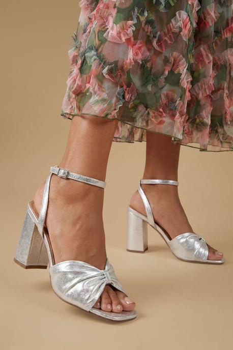 Midyim Metallic Textile Ruched Front High Heel Block Heel Sandals - Image 1