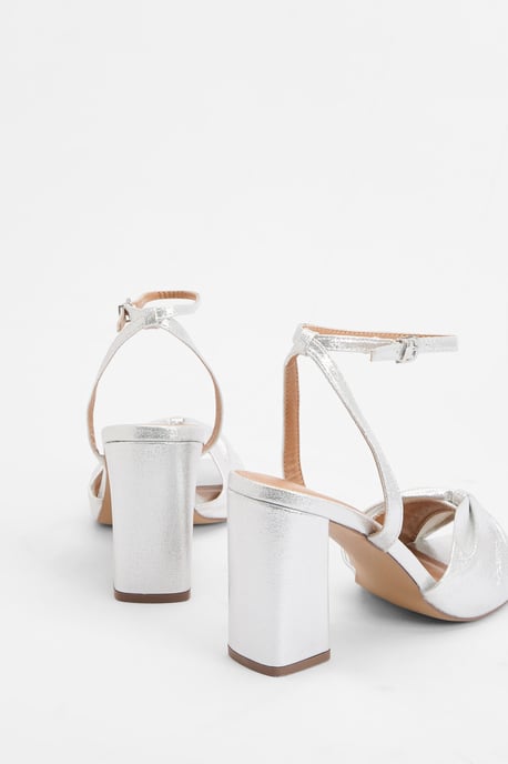 Midyim Metallic Textile Ruched Front High Heel Block Heel Sandals - Image 4