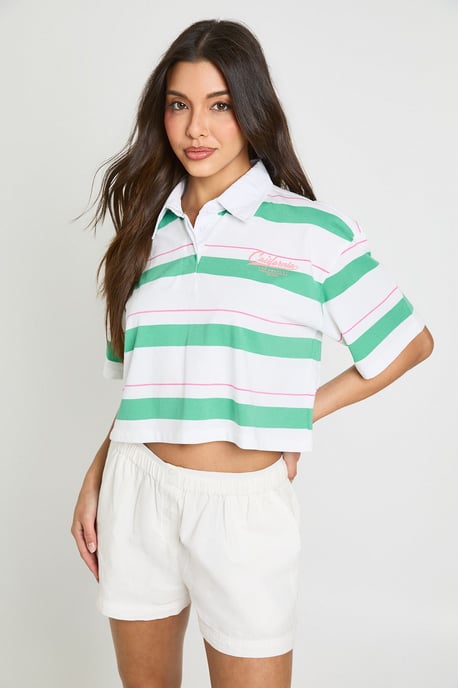 Stripe California Printed Cropped Short Sleeve Rugby Top - Image 1