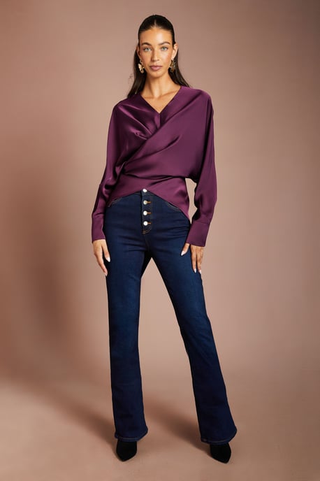 V Neck Satin Wrap Waist Top - Image 2