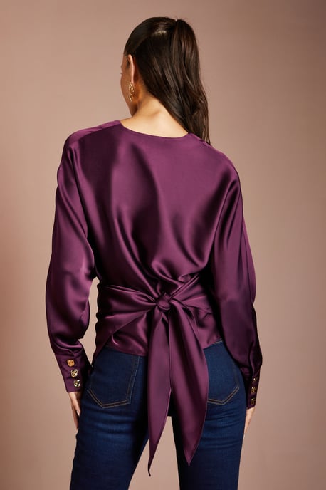 V Neck Satin Wrap Waist Top - Image 3