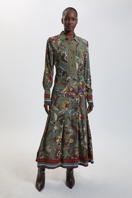 Floral Print Belt Detail Viscose Midi Shirt Dress - Image 1
