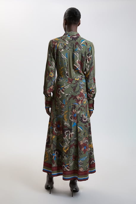 Floral Print Belt Detail Viscose Midi Shirt Dress - Image 3