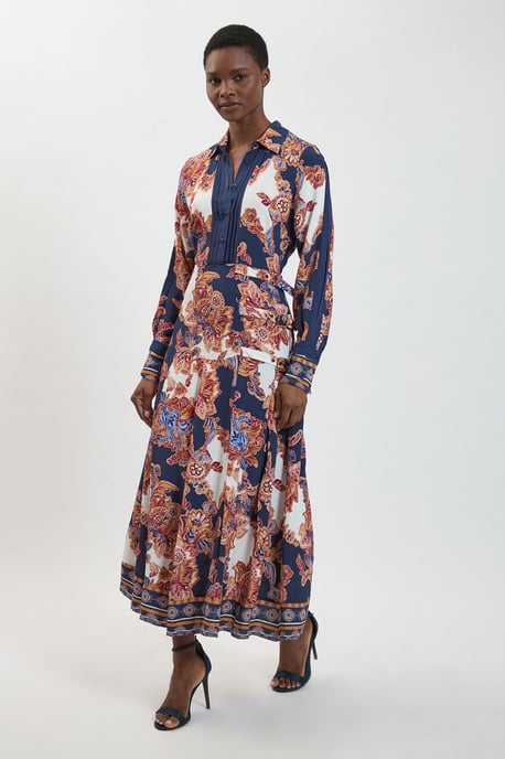 Baroque Print Belt Detail Viscose Midi Shirt Dress - Image 1