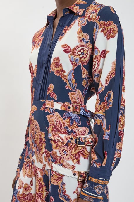 Baroque Print Belt Detail Viscose Midi Shirt Dress - Image 2