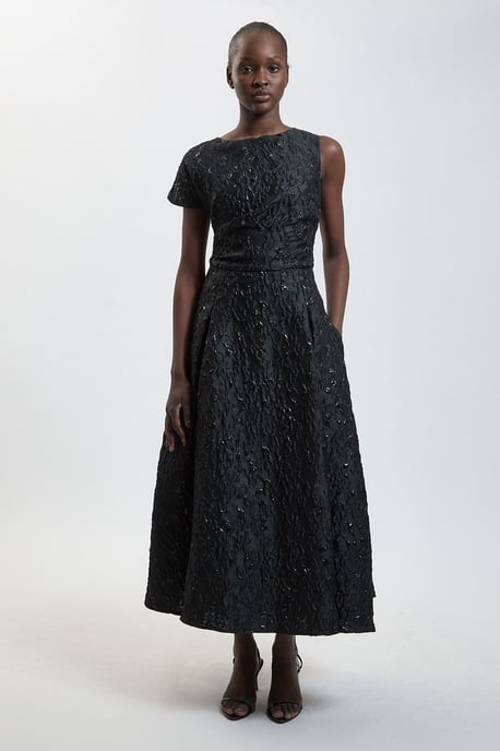 Petite Jacquard Asymmetric Sleeve Midi Dresss - Image 1