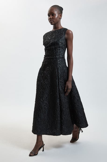 Petite Jacquard Asymmetric Sleeve Midi Dresss - Image 4