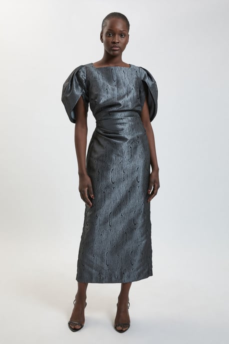 Taffeta Twill Puff Sleeve Midi Dress - Image 1