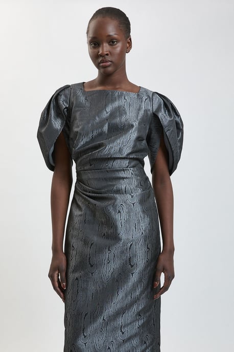 Taffeta Twill Puff Sleeve Midi Dress - Image 2