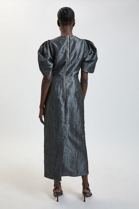 Taffeta Twill Puff Sleeve Midi Dress - Image 3