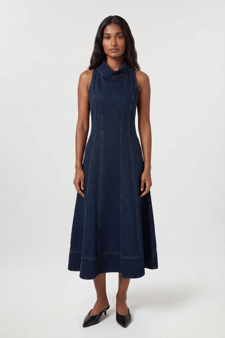 Denim Funnel Neck Full Skirted Dress - Image 1