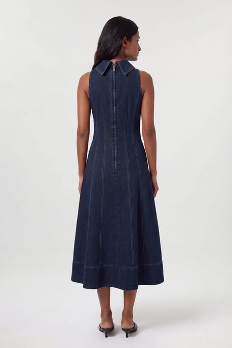 Denim Funnel Neck Full Skirted Dress - Image 2
