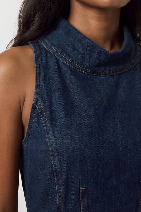 Denim Funnel Neck Full Skirted Dress - Image 3