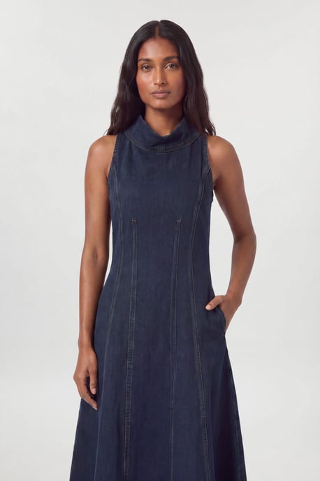 Denim Funnel Neck Full Skirted Dress - Image 4